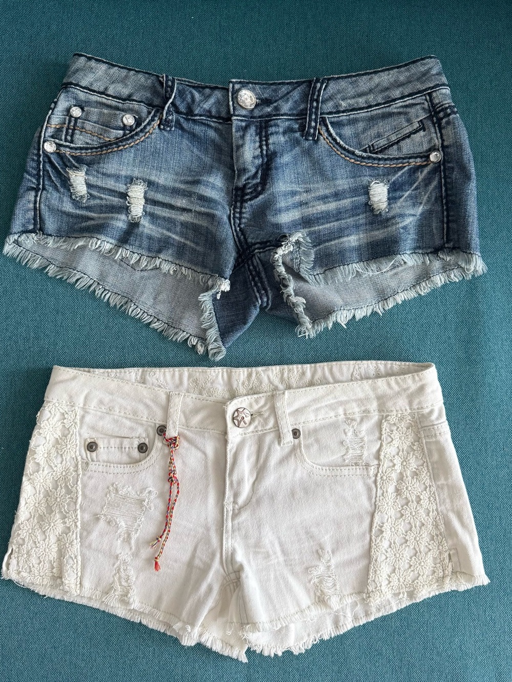 2 x Summer Shorts - Blue Denim Shorts & White Lace Denim Shorts